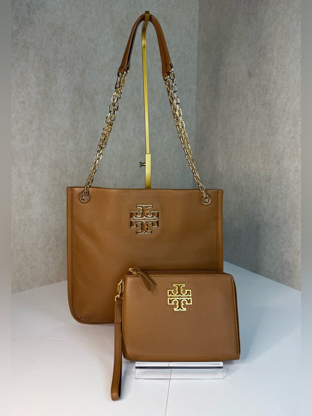 Tory Burch Cognac Britten Swing Pack Leather Convertible Bag & Matching Wristlet